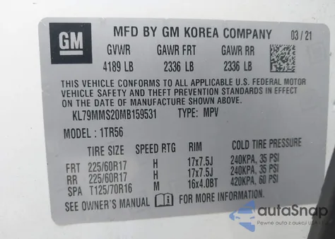 2021 Chevrolet Trailblazer Fwd Ls из США, поврежденный, VIN KL79MMS20MB159531